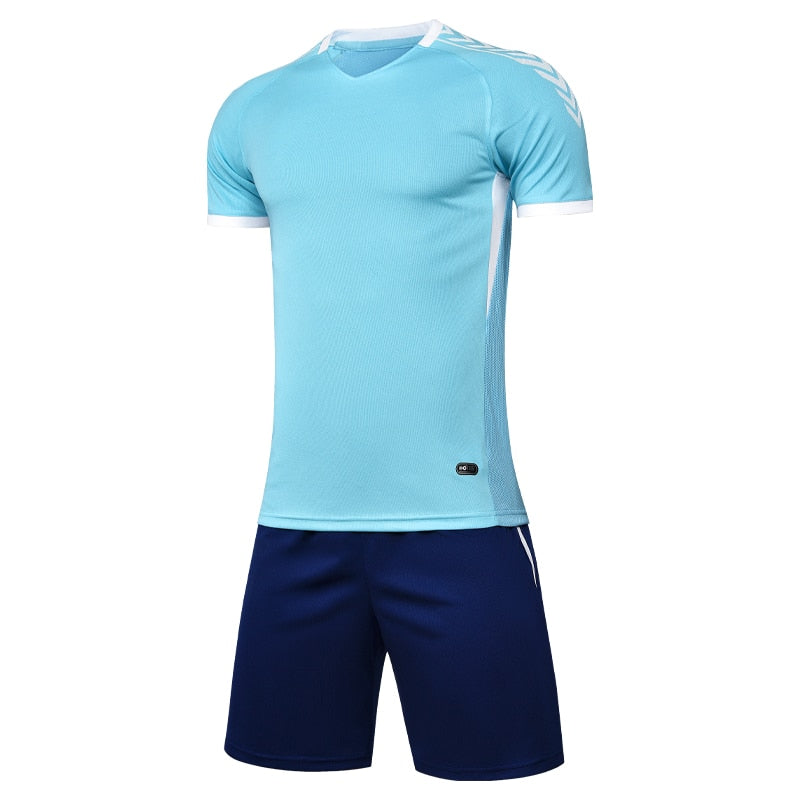 Men Soccer Jersey Sets Football Shorts Sleeve Shorts Suit Breathable Tracksuit Blue