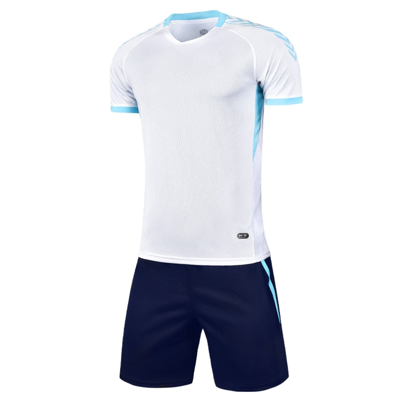 Men Soccer Jersey Sets Football Shorts Sleeve Shorts Suit Breathable Tracksuit White